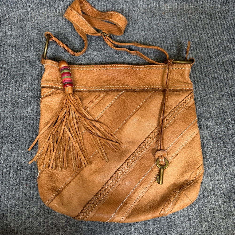 Y2K Fossil Cognac Leather Crossbody Bag Tassel Key Boho O Rings Braided Stitch